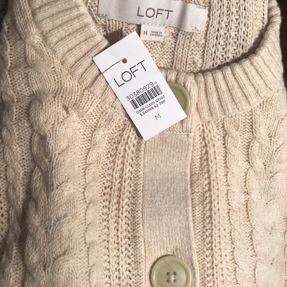 Loft Cable Knit Crew Neck Rolled Oat Cardigan M L - Picture 4 of 5